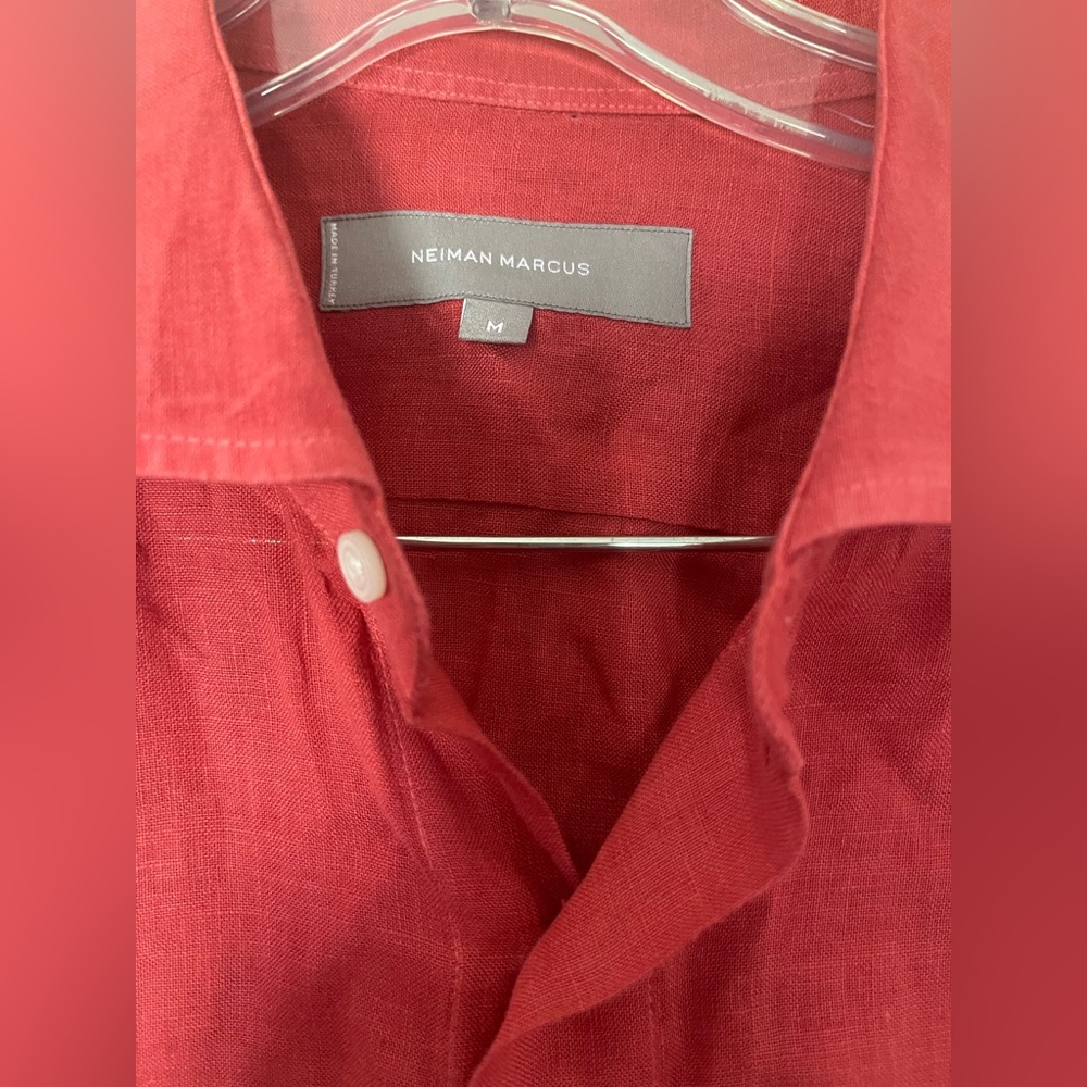 Neiman Marcus Men's Red Shirt | 100% Linen | Button down Long Sleeve Men Shirt